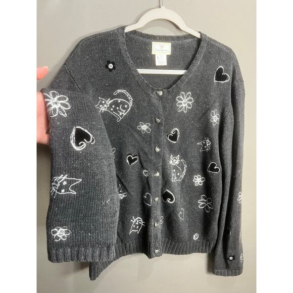 Susan Bristol VTG Embroidered Knit Cat Cardigan Button Up Sweater XL Coquette - Picture 8 of 16